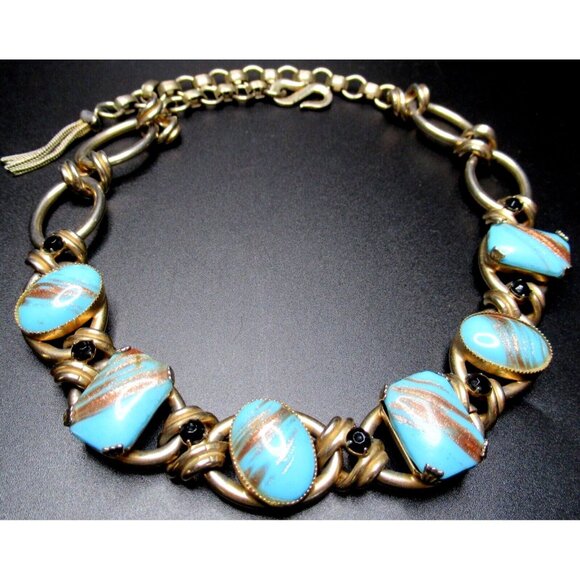 HENKEL & GROSSE For DIOR Blue Copper Fluss Glass Rhinestone Vintage Necklace - Picture 1 of 5